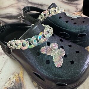 Black Clogs with Iridescent Chain and Butterfly